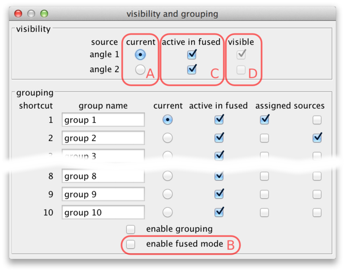 BigDataViewer visibility and grouping dialog