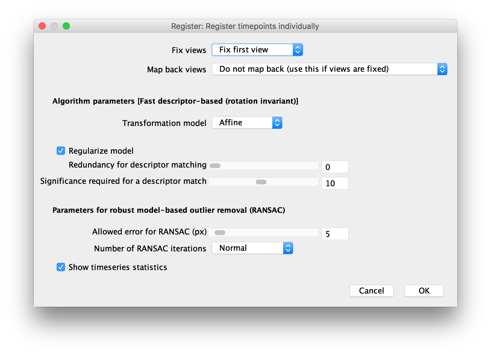 Parameters for Fast descriptor-based (rotation invariant) registration