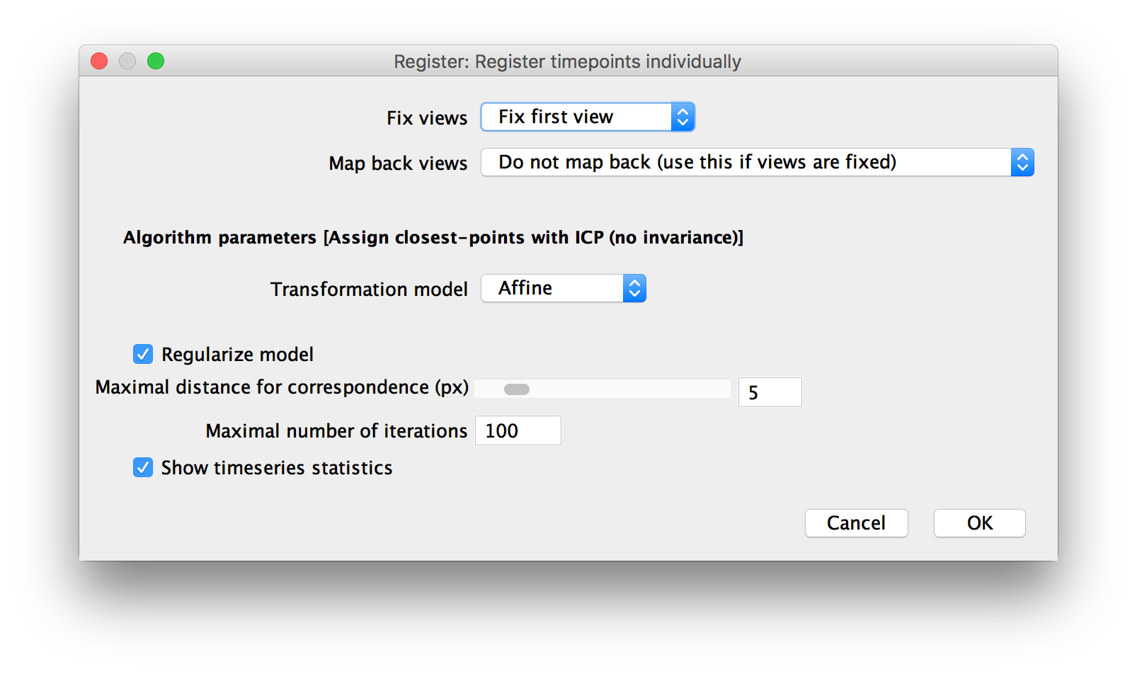 Parameters for ICP-based (no invariance) registration