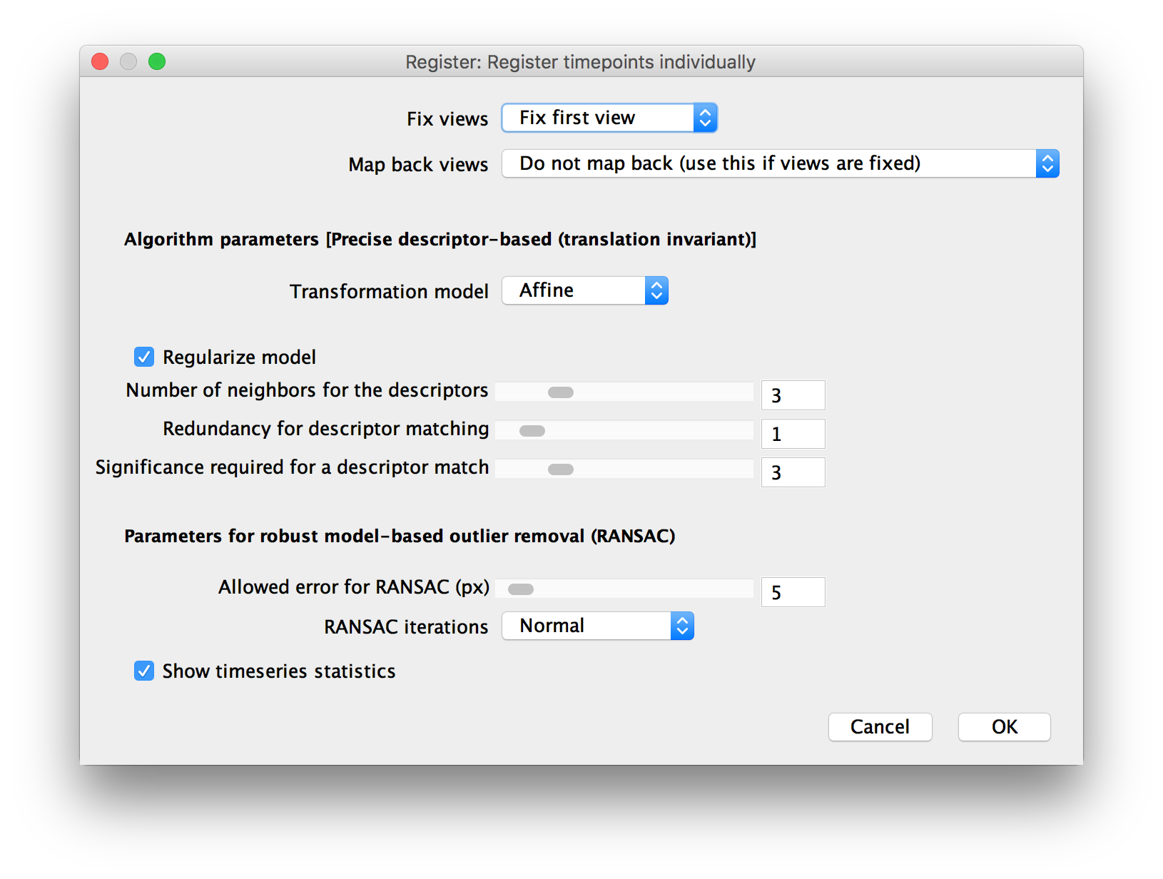 Parameters for Precise descriptor-based (translation invariant) registration
