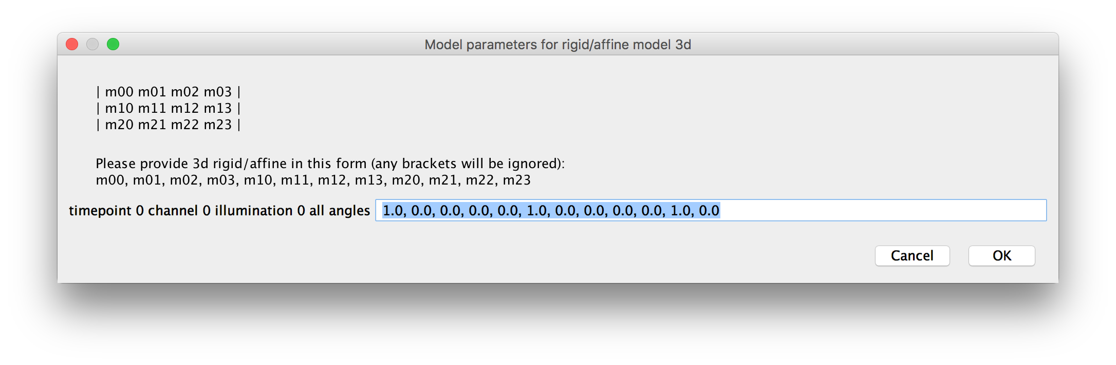 BigStitcher affine transformation matrix input dialog
