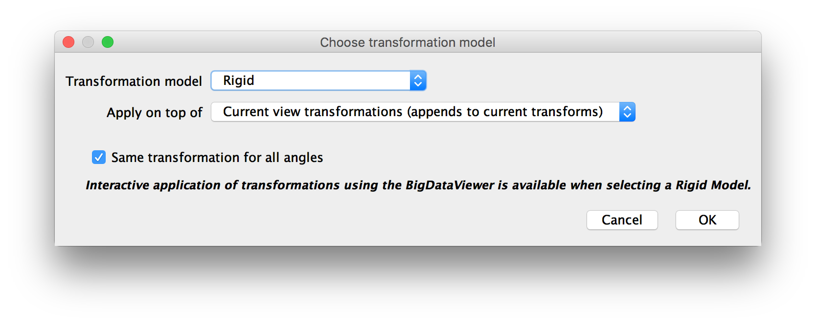 BigStitcher apply transformation dialog