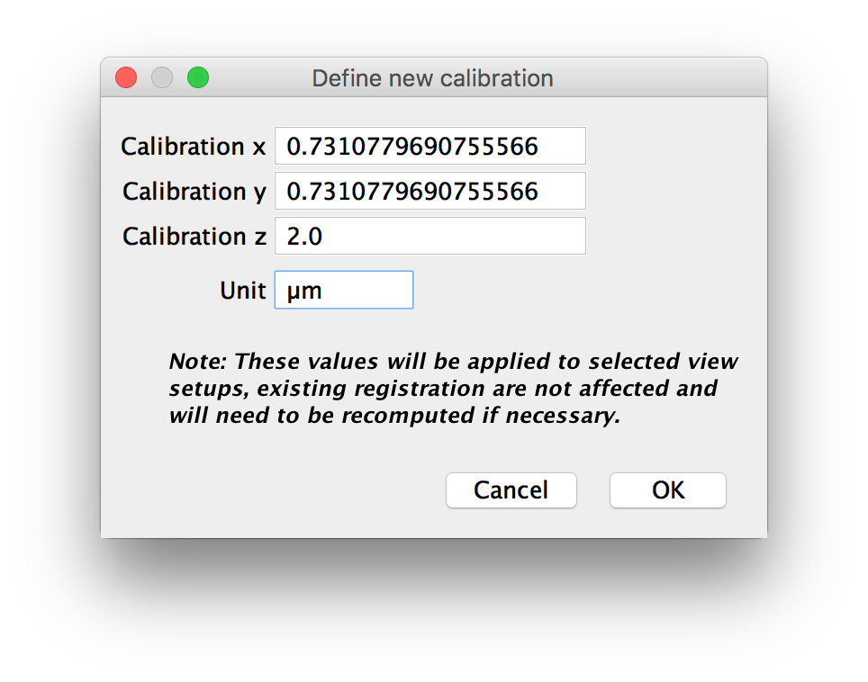 BigStitcher specify calibration dialog