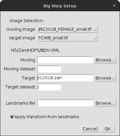 BigWarp legacy dialog for selecting moving and target images