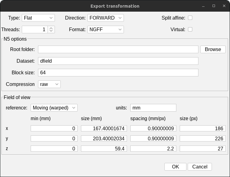 BigWarp export transform dialog