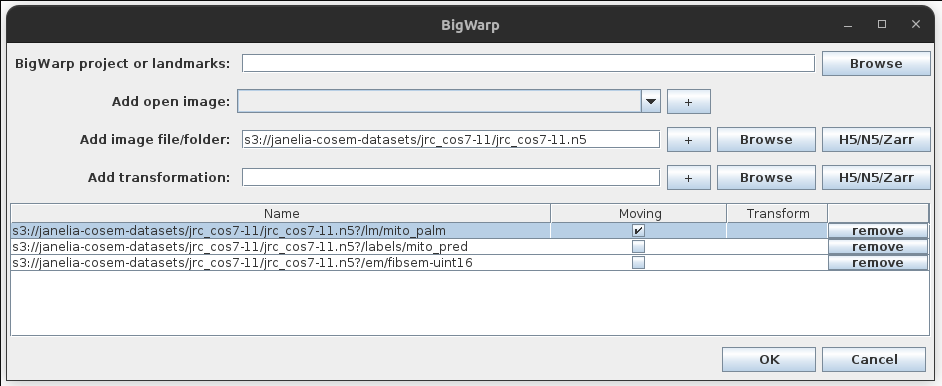 BigWarp command initialization dialog