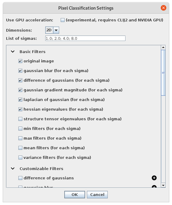 Labkit pixel classification settings