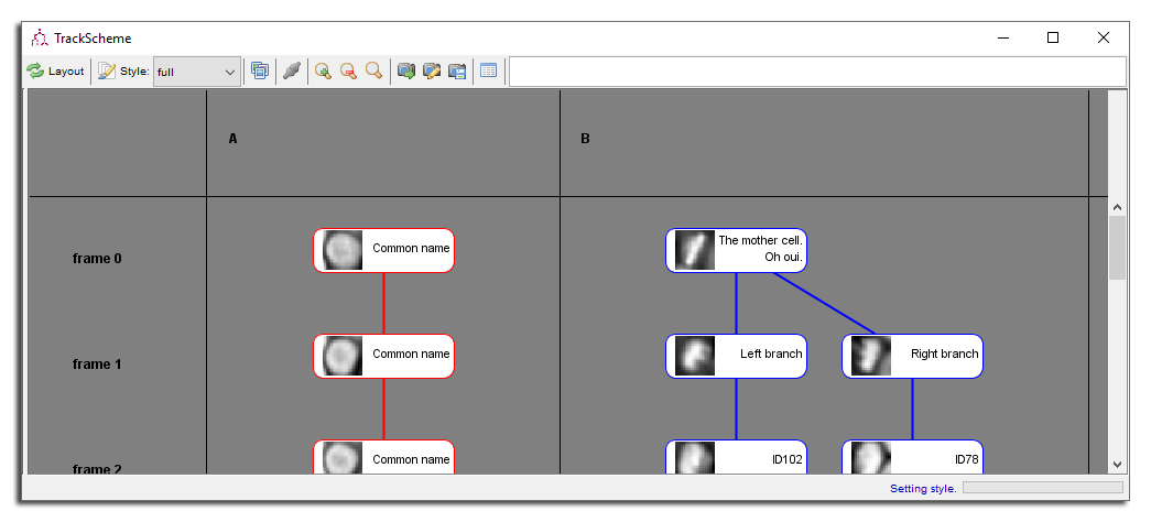 MaMuT TrackScheme with spot names controlling branch order