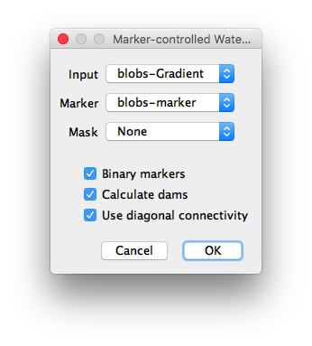 Main dialog of the Marker-controlled Watershed plugin