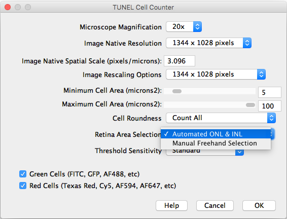 **Retina Area Selection**: Choose between automated or manual segmentation.