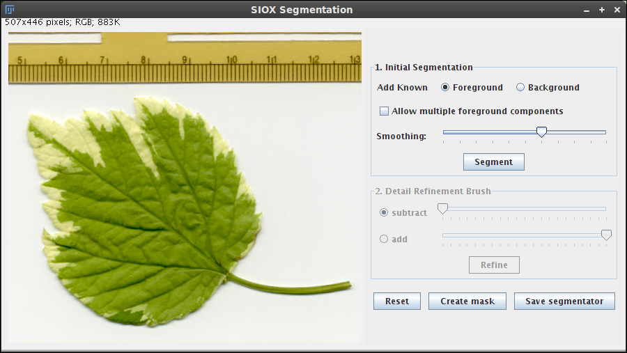 SIOX segmentation Graphical User Interface applied to Leaf sample