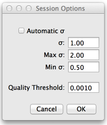 LLTT session options dialog with sigma settings