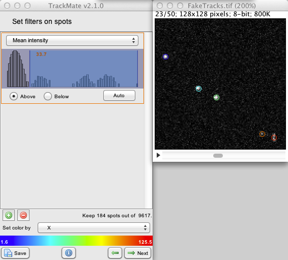 TrackMate spot filter by mean intensity histogram