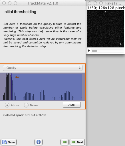 TrackMate initial spot quality threshold histogram