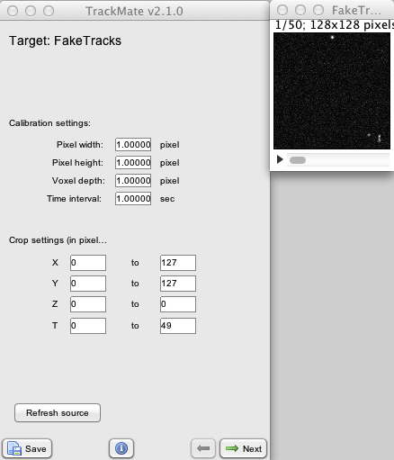 TrackMate start panel with calibration settings