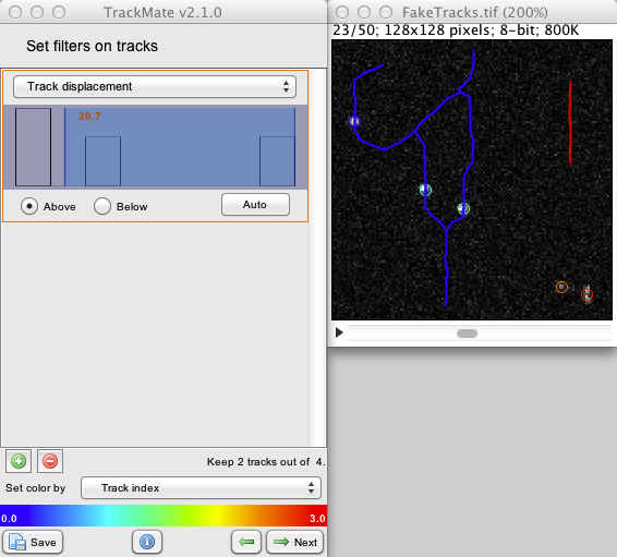 TrackMate track filtering panel
