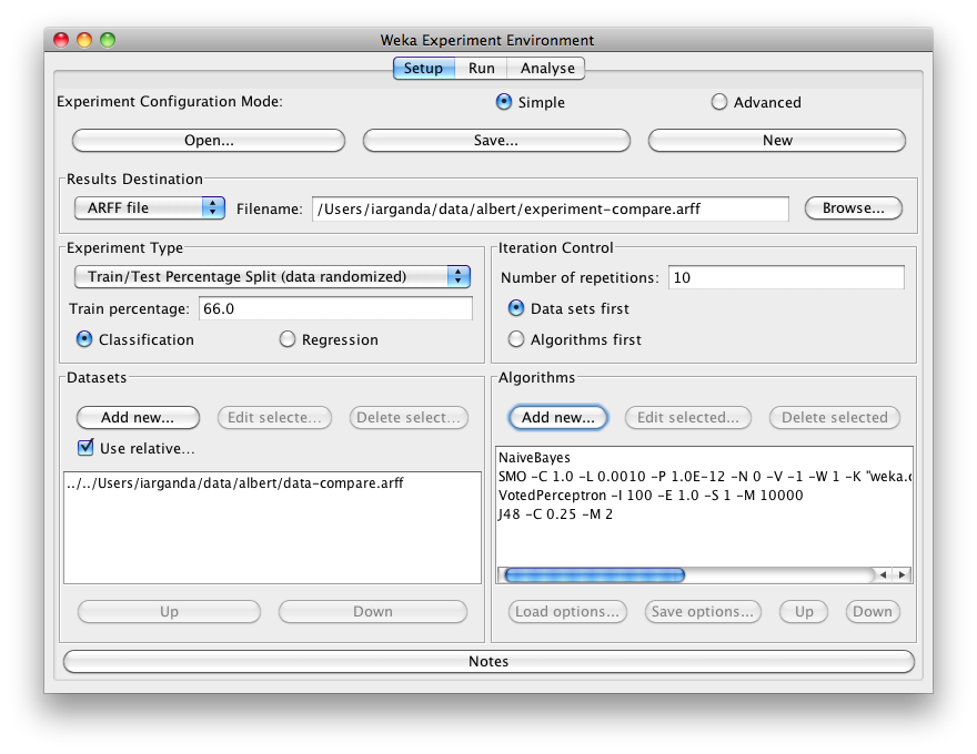WEKA Experimenter with multiple algorithms added