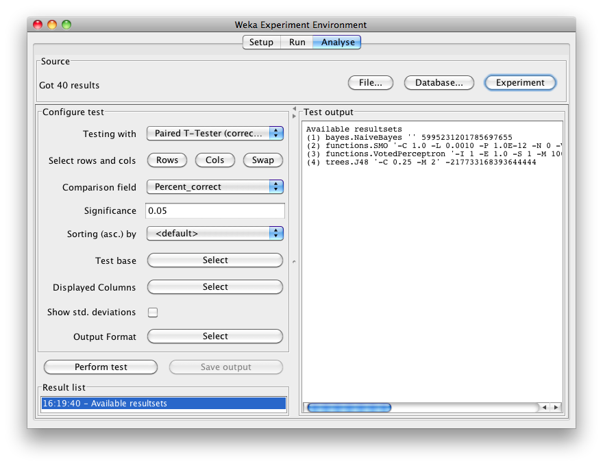 WEKA Experimenter analyse tab with experiment results