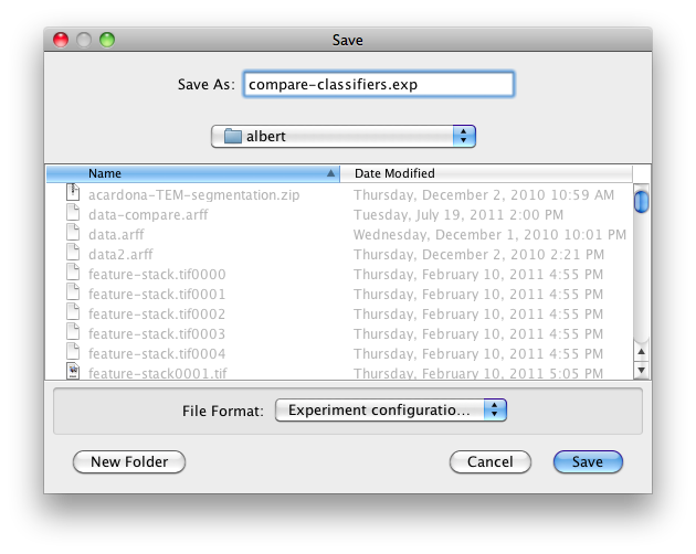 WEKA Experimenter save setup dialog