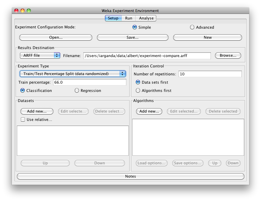 WEKA Experimenter select experiment type