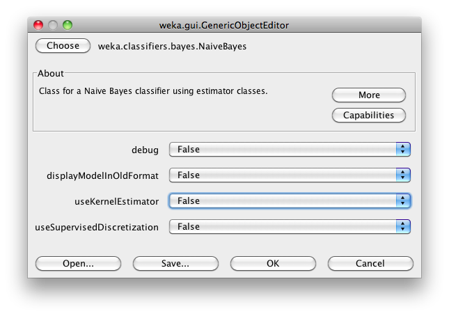 WEKA GenericObjectEditor selecting NaiveBayes classifier