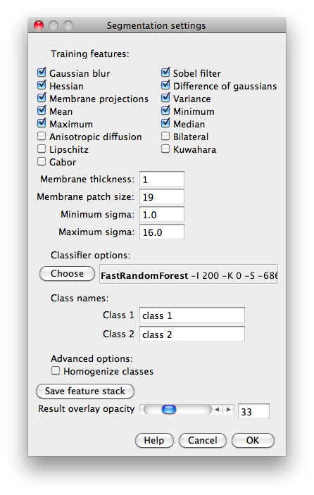 Trainable Weka Segmentation settings dialog