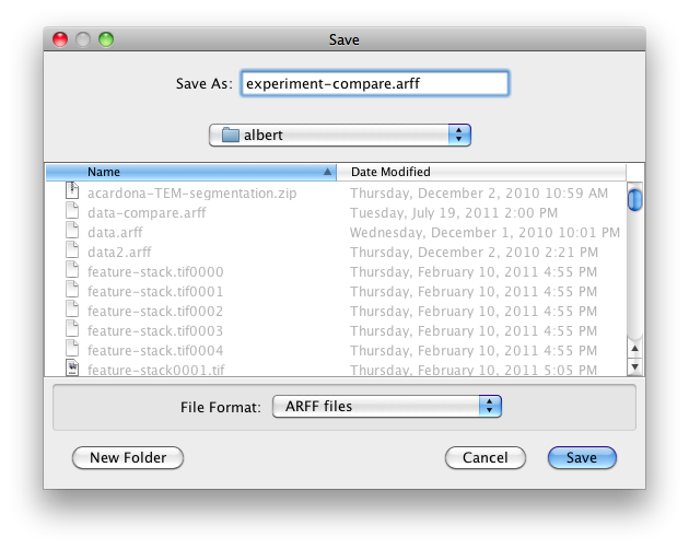 WEKA Experimenter save destination ARFF file