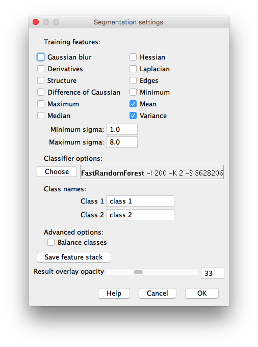 Settings dialog for the Trainable Weka Segmentation 3D plugin.