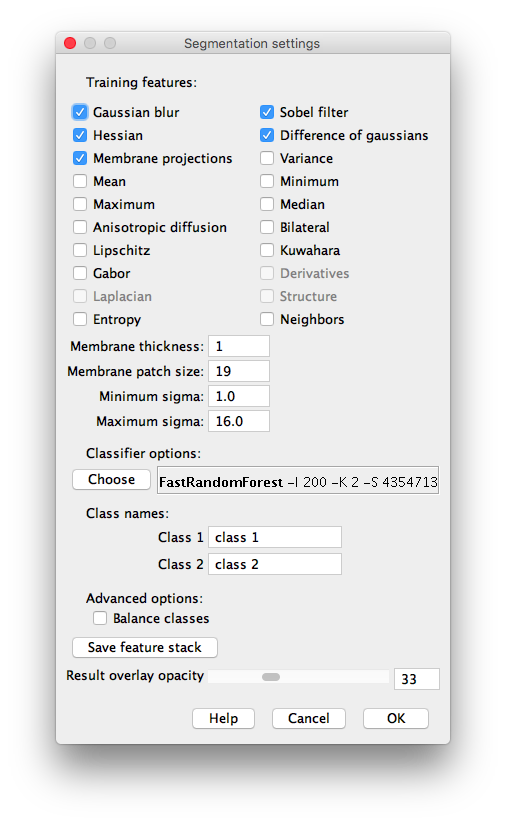 Settings dialog of the Trainable Weka Segmentation plugin (2D features)