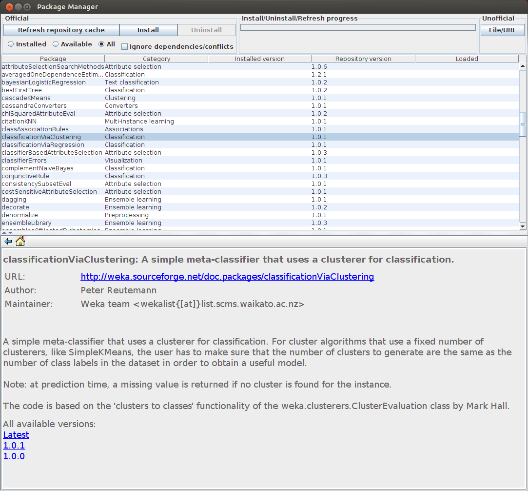Weka package manager classificationviaclustering