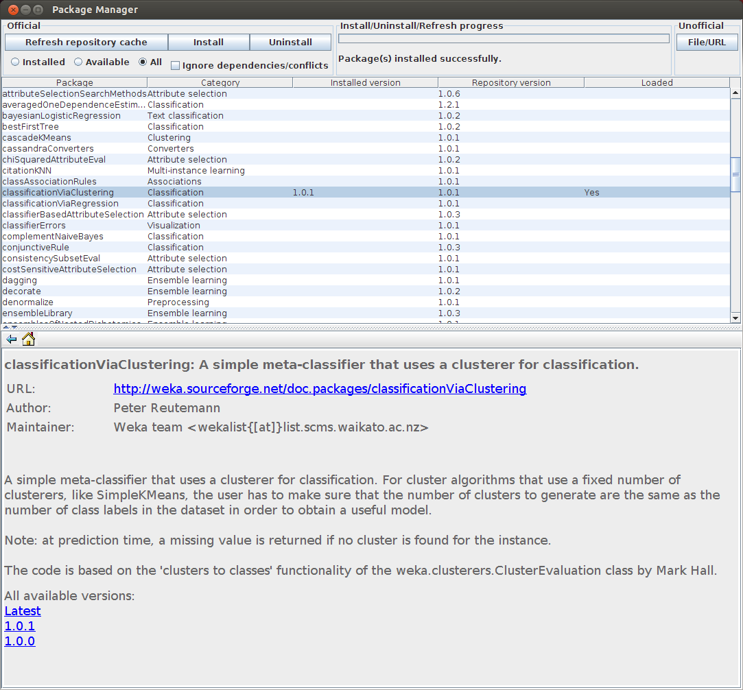 Weka package manager loaded package