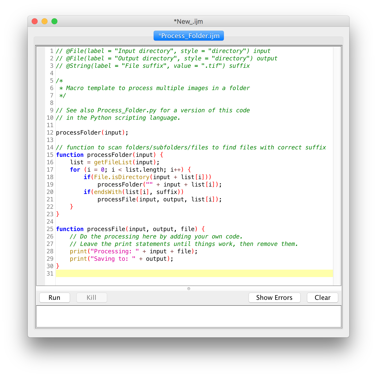 Process folder script template in script editor